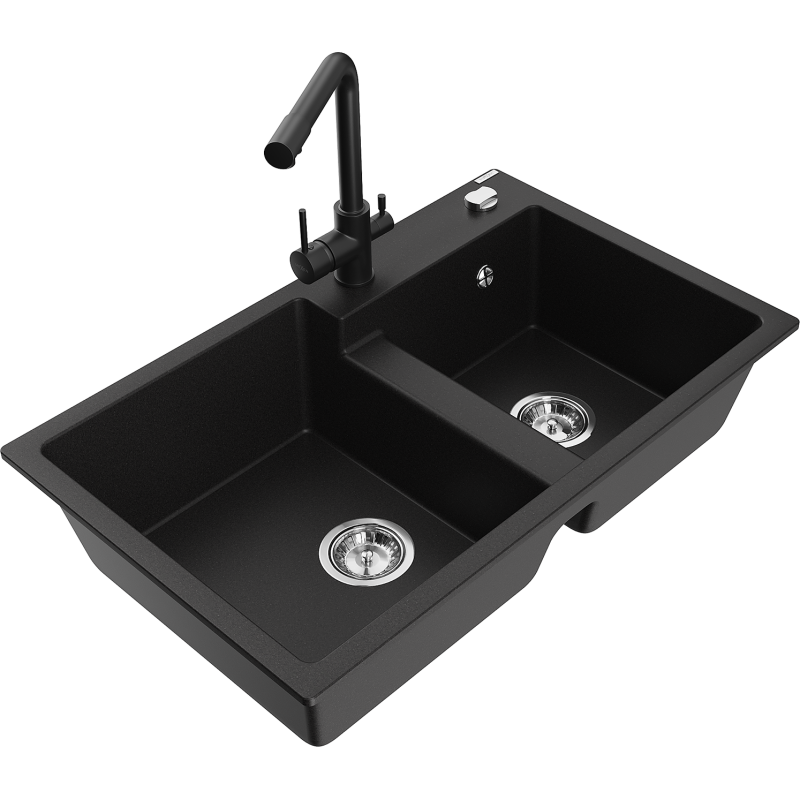 Mexen Tomas 2-compartment granite sink with a kitchen mixer tap Duero, Black - 6516-77-671600-70
