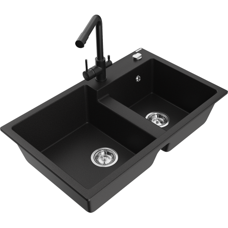 Mexen Tomas granite kitchen sink 2-chamber with Duero kitchen faucet, black - 6516-77-671600-70