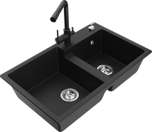 Mexen Tomas granite double-bowl kitchen sink with Duero tap, black - 6516-77-671600-70