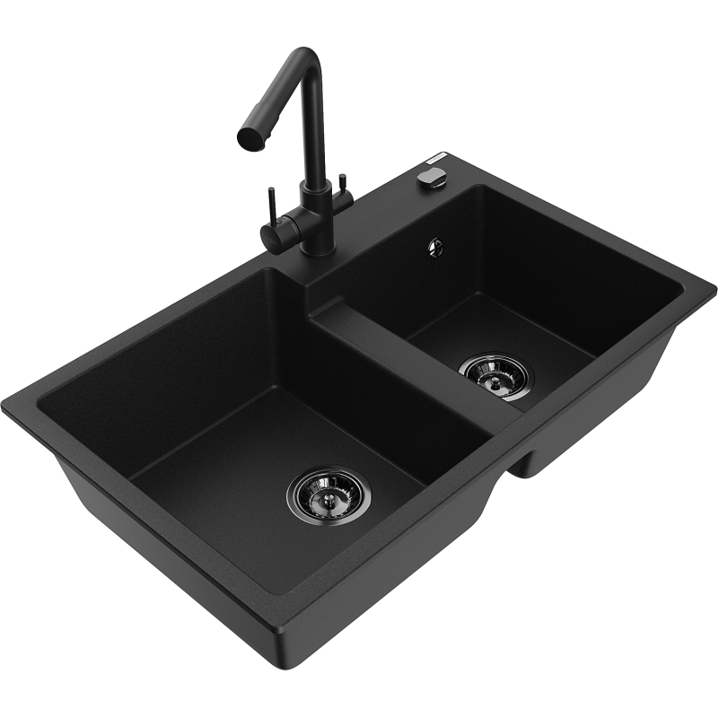 Mexen Tomas two-bowl granite sink with Duero kitchen tap, black - 6516-77-671600-70-B