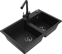 Mexen Tomas 2-bowl granite sink with Duero kitchen faucet, black - 6516-77-671600-70-B