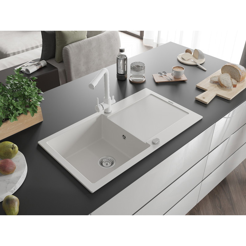 Mexen Leo single-bowl granite sink with drainer and kitchen faucet Duero, white - 6501-20-671600-20