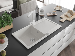 Mexen Leo 1-compartment granite sink with a drip tray and kitchen mixer tap Duero, White - 6501-20-671600-20