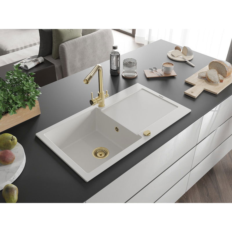 Mexen Leo granite sink with 1 bowl, draining board, and Duero kitchen tap, white - 6501-20-671600-50
