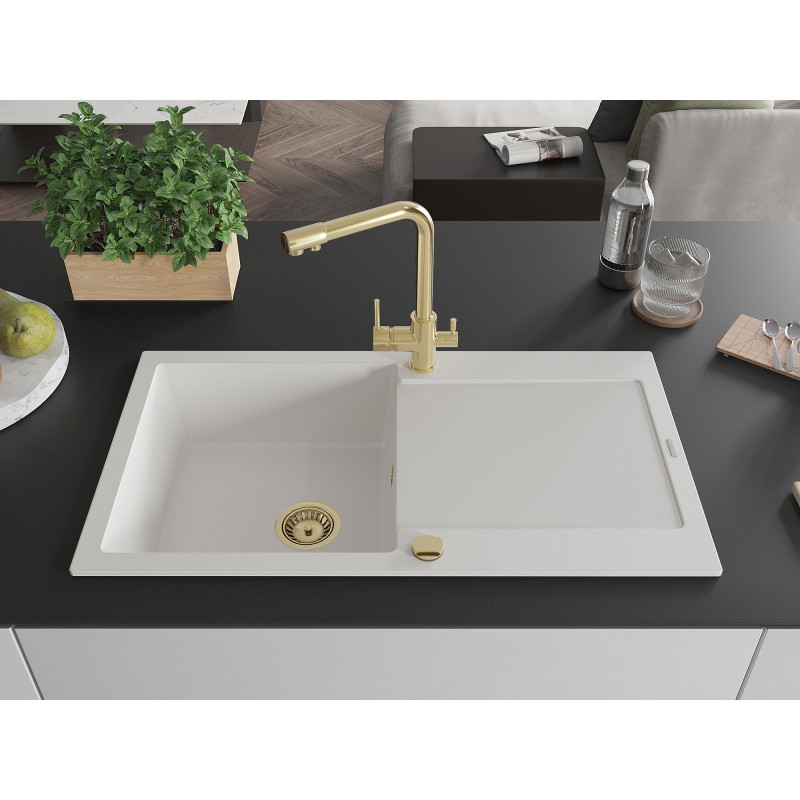 Mexen Leo granite kitchen sink 1-bowl with drainer and kitchen faucet Duero, white - 6501-20-671600-50