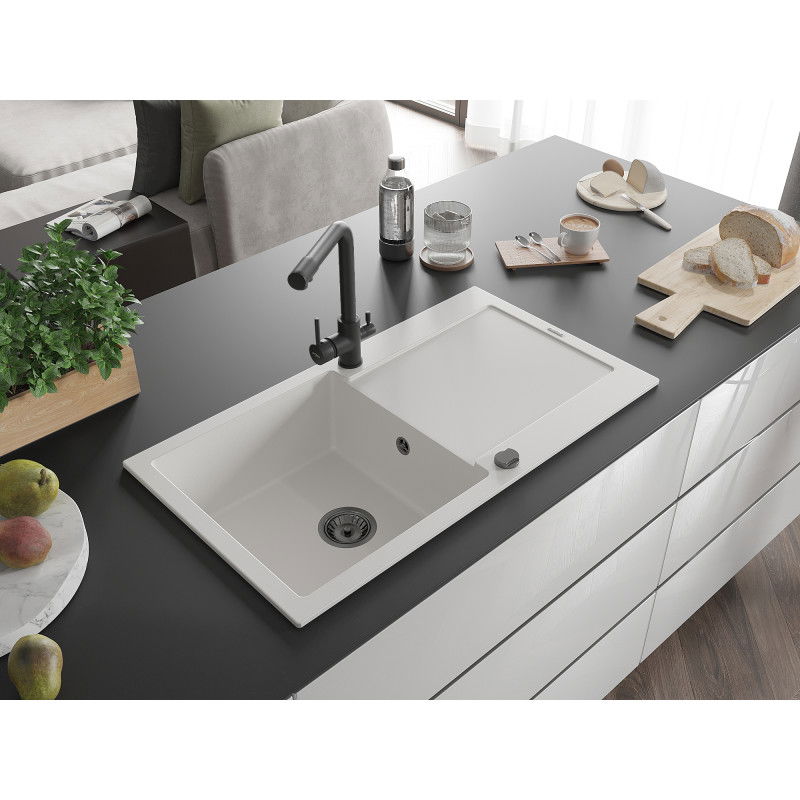 Mexen Leo granite sink 1-bowl with drainer and Duero kitchen tap, white - 6501-20-671600-70