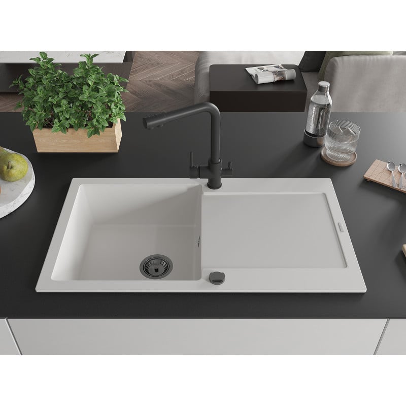 Mexen Leo granite kitchen sink 1-bowl with drainer and Duero kitchen faucet, white - 6501-20-671600-70