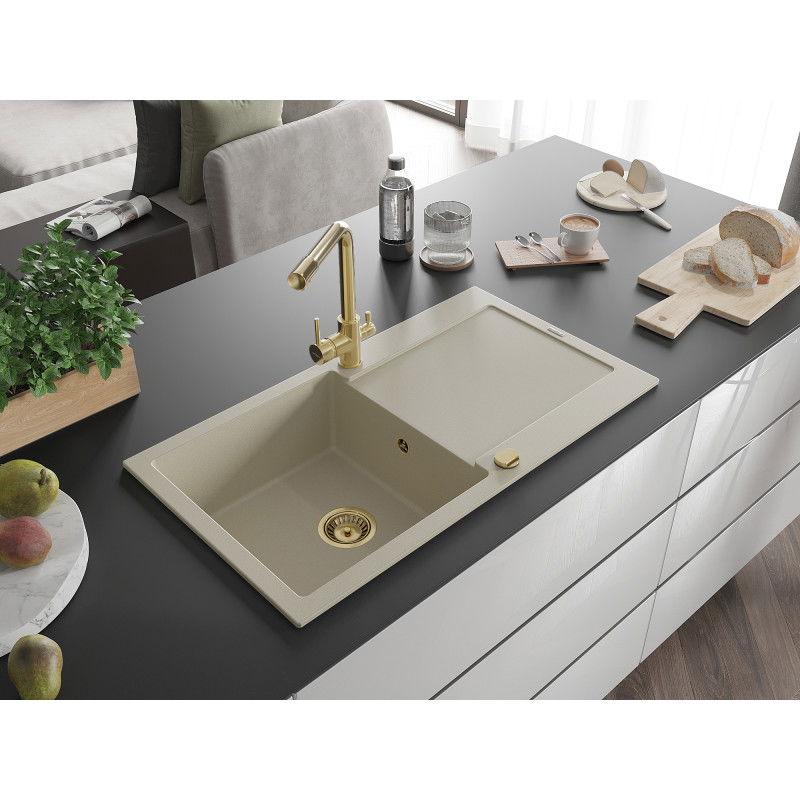 Mexen Leo 1-Bowl Granite Sink with Drainer and Duero Kitchen Tap, Beige- 6501-69-671600-50