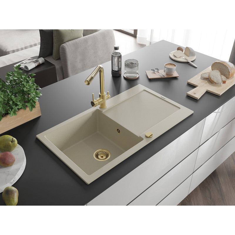 Mexen Leo granite sink 1-bowl with drainer and kitchen faucet Duero, beige - 6501-69-671600-50