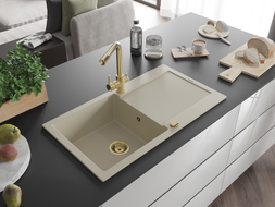 Mexen Leo granite kitchen sink 1-bowl with drainer and Duero kitchen faucet, beige - 6501-69-671600-50