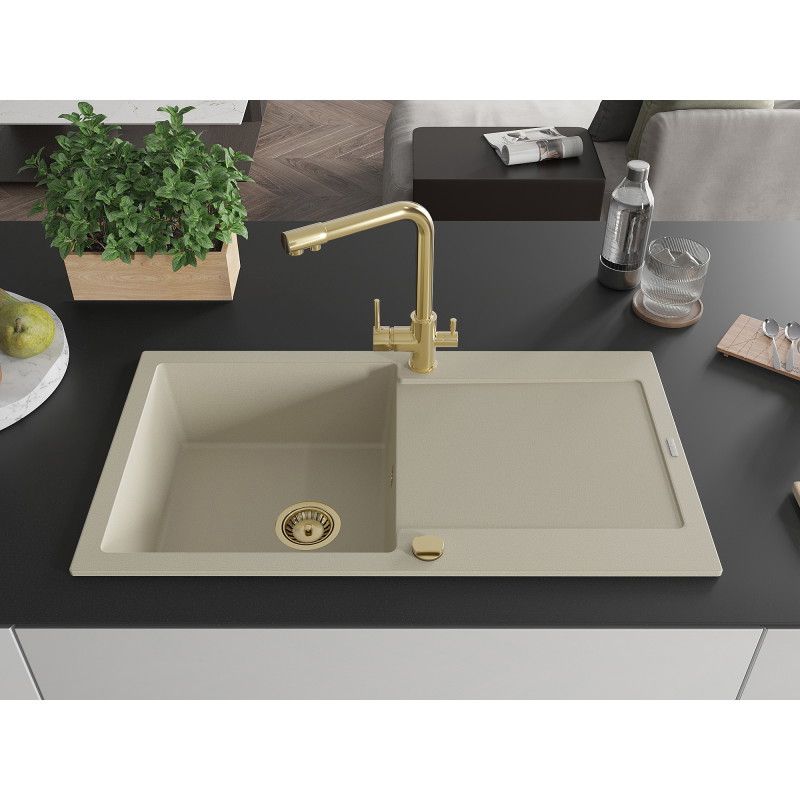Mexen Leo granite sink 1-bowl with drainer and kitchen faucet Duero, beige - 6501-69-671600-50