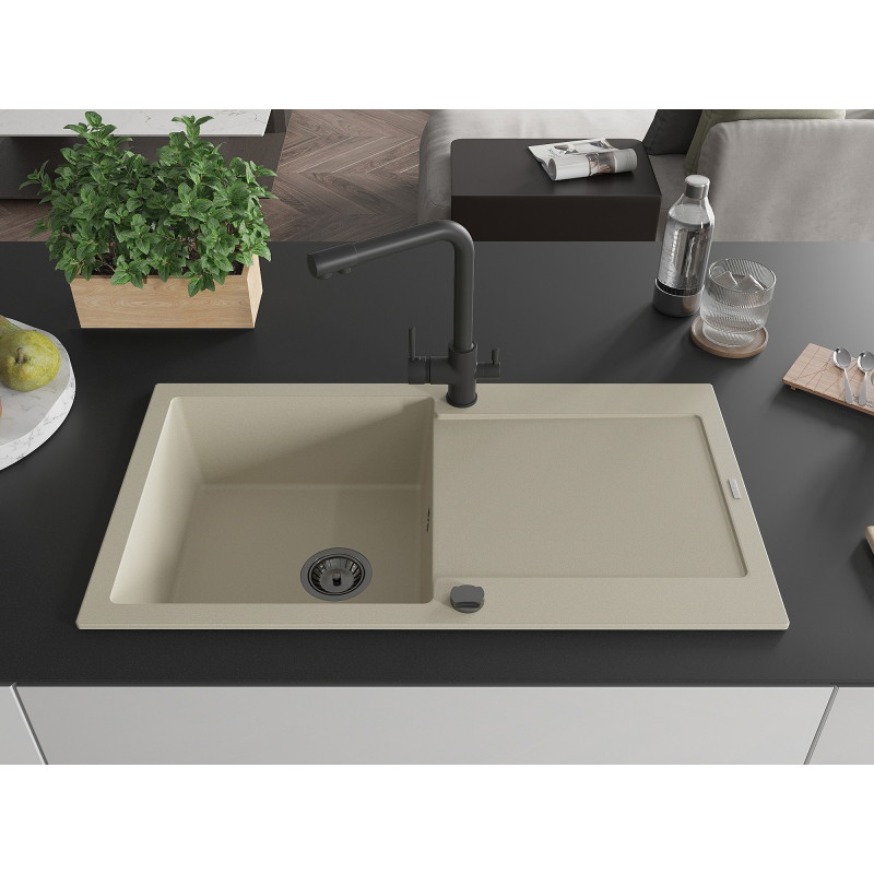Mexen Leo granite kitchen sink with 1-bowl and drainer and Duero kitchen faucet, beige - 6501-69-671600-70