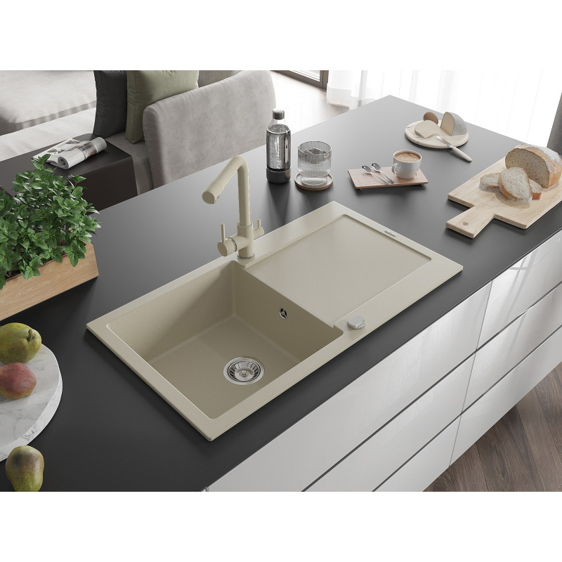 Mexen Leo 1-bowl granite sink with drainer and kitchen faucet Duero, beige - 6501-69-671600-69