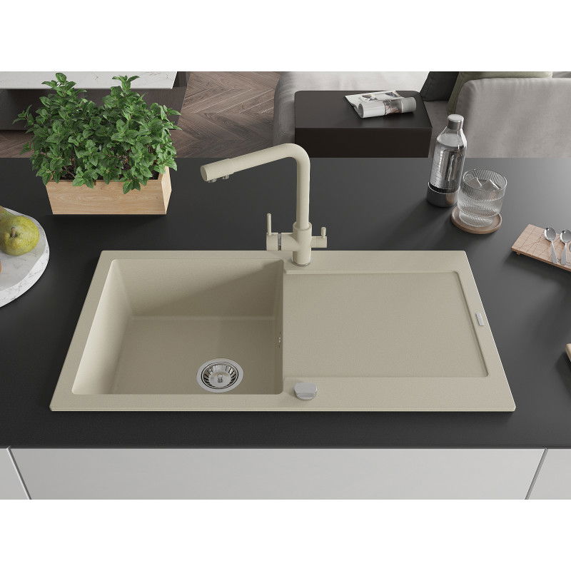 Mexen Leo 1-bowl granite sink with drainer and Duero kitchen tap, beige- 6501-69-671600-69