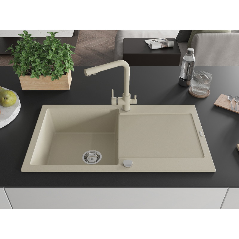 Mexen Leo 1-bowl granite sink with drainer and kitchen faucet Duero, beige - 6501-69-671600-69