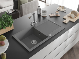 Mexen Leo 1-compartment granite sink with a drip tray and kitchen mixer tap Duero, Grey - 6501-71-671600-00