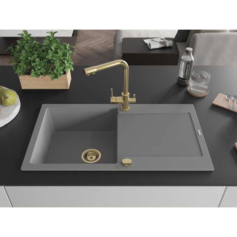 Mexen Leo 1-bowl granite sink with drainer and Duero kitchen tap, grey - 6501-71-671600-50