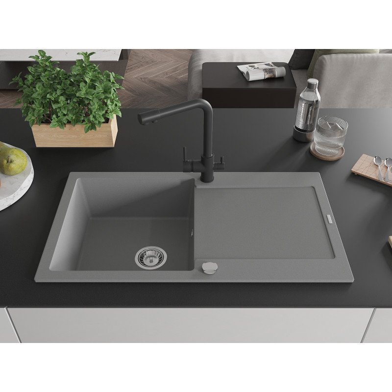 Mexen Leo 1-bowl granite sink with drainer and Duero kitchen faucet, gray - 6501-71-671600-70