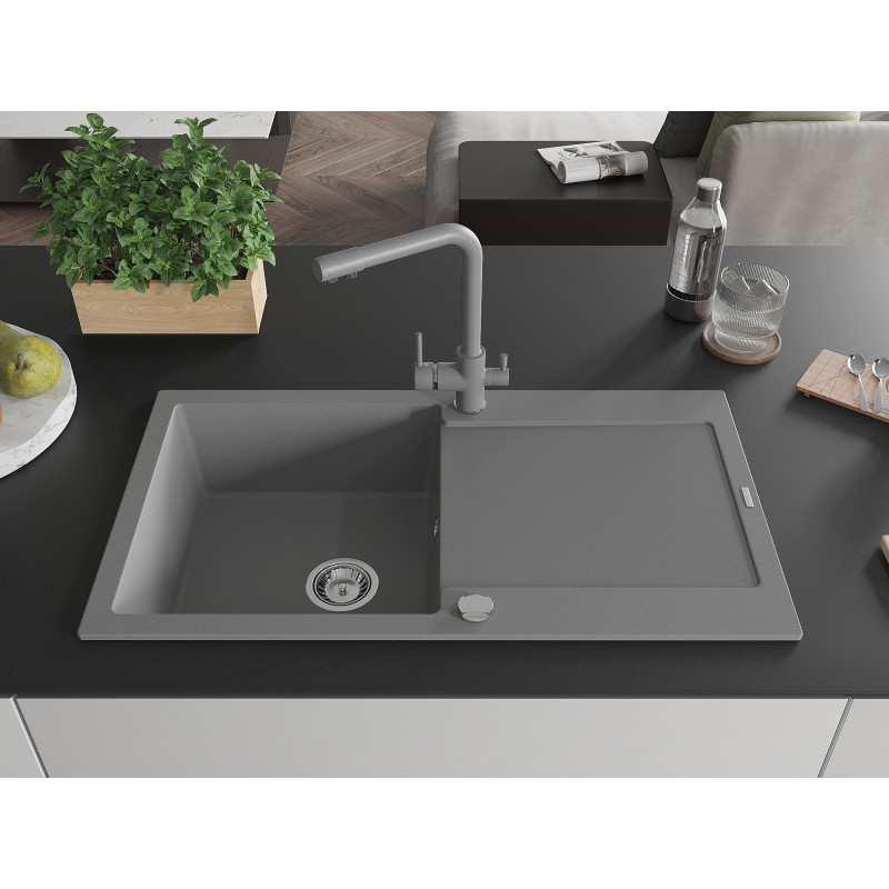 Mexen Leo Granite Kitchen Sink 1-Bowl with Drainer and Duero Faucet, Gray - 6501-71-671600-71