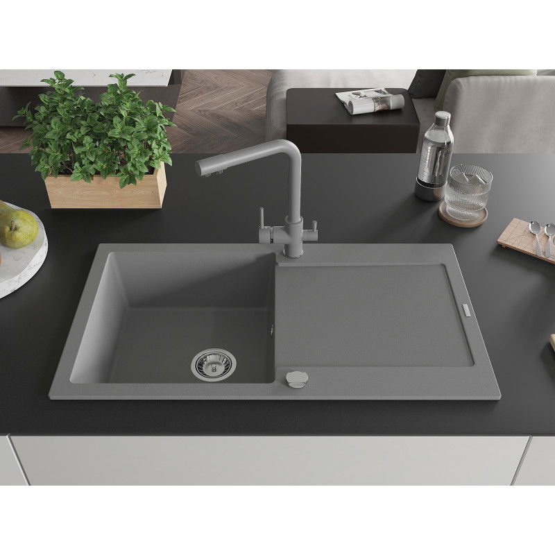 Mexen Leo granite sink 1-bowl with drainer and Duero kitchen tap, grey - 6501-71-671600-71