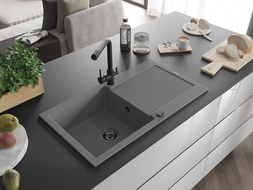 Mexen Leo 1-compartment granite sink with a drip tray and kitchen mixer tap Duero, Grey - 6501-71-671600-70-B