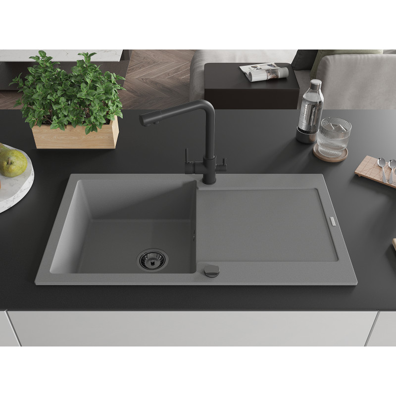 Mexen Leo 1-bowl granite sink with drainer and Duero kitchen faucet, gray - 6501-71-671600-70-B