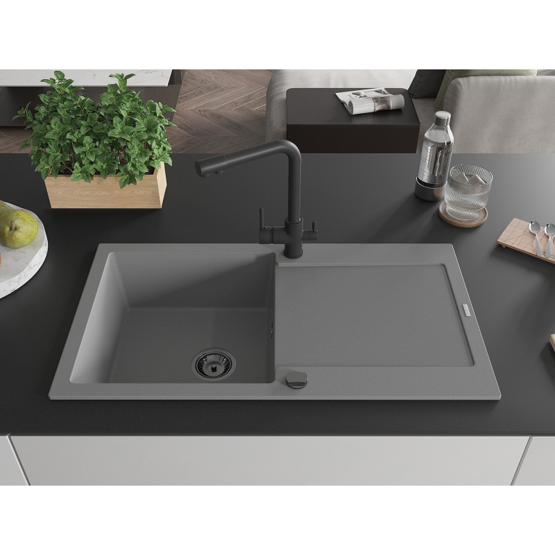Mexen Leo 1-bowl granite sink with drainer and kitchen faucet Duero, gray - 6501-71-671600-70-B