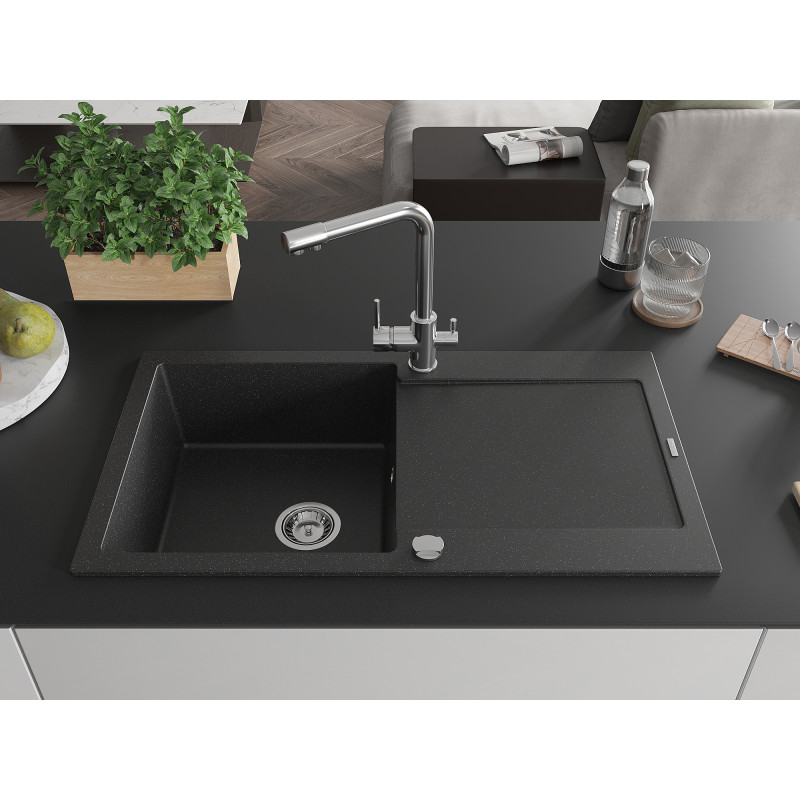 Mexen Leo single-bowl granite sink with drainer and kitchen faucet Duero, black/silver metallic - 6501-73-671600-00
