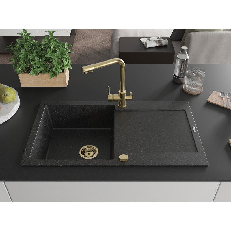 Mexen Leo granite sink 1-bowl with drainer and Duero kitchen tap, black/silver metallic - 6501-73-671600-50