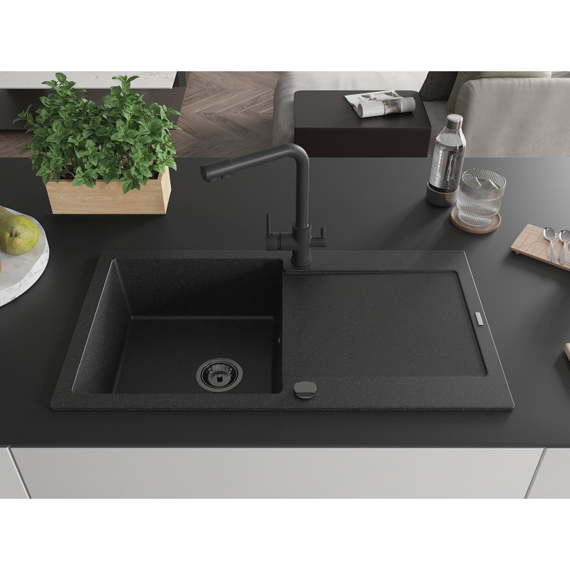 Mexen Leo granite sink 1-compartment with drainer and Duero kitchen faucet, black/silver metallic - 6501-73-671600-70-B