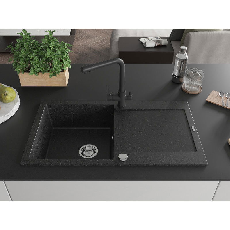 Mexen Leo 1-bowl granite sink with drainer and Duero kitchen tap, black/silver metallic - 6501-73-671600-70