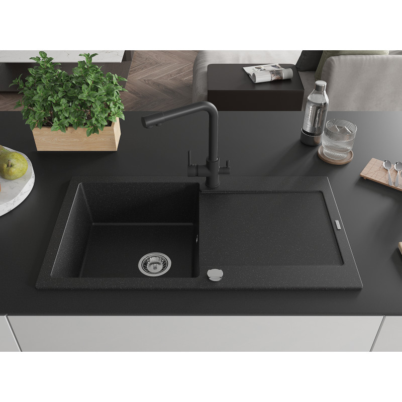 Mexen Leo granite sink 1-bowl with drainer and kitchen faucet Duero, black/silver metallic - 6501-73-671600-70