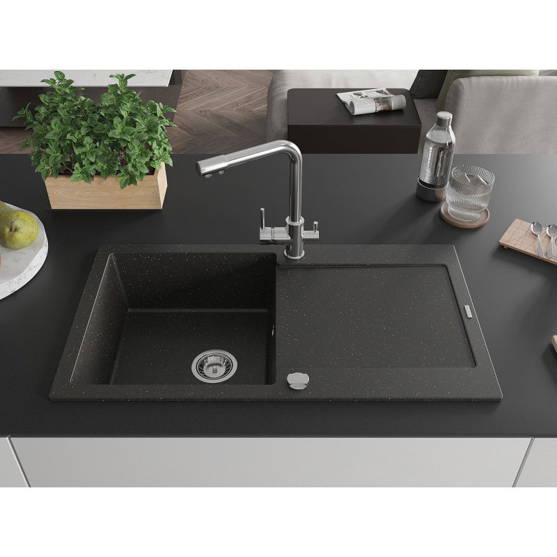Mexen Leo 1-bowl Granite Sink with Drainer and Duero Kitchen Tap, Black/Gold Metallic - 6501-75-671600-00