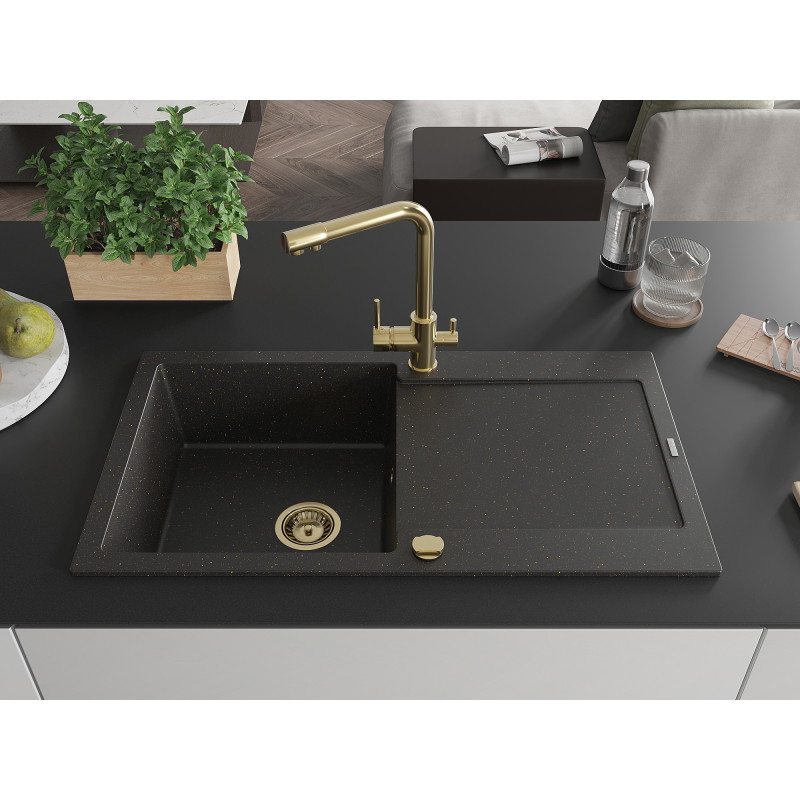 Mexen Leo granite sink 1-bowl with drainer and Duero kitchen faucet, black/gold metallic - 6501-75-671600-50