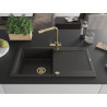 Mexen Leo granite sink 1-bowl with drainer and Duero kitchen faucet, black/gold metallic - 6501-75-671600-50