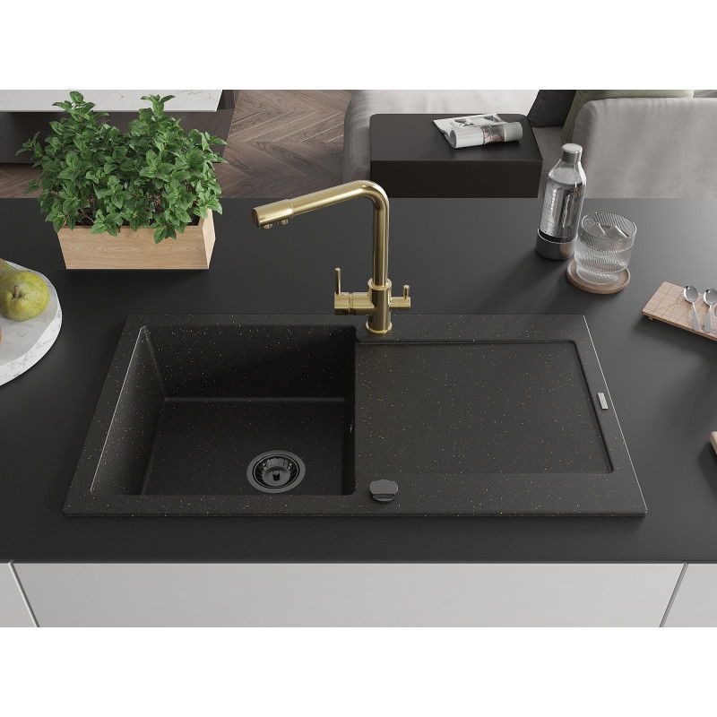 Mexen Leo granite sink 1-bowl with drainer and Duero kitchen tap, black/gold metallic - 6501-75-671600-50-B