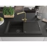 Mexen Leo granite sink 1-bowl with drainer and Duero kitchen tap, black/gold metallic - 6501-75-671600-50-B