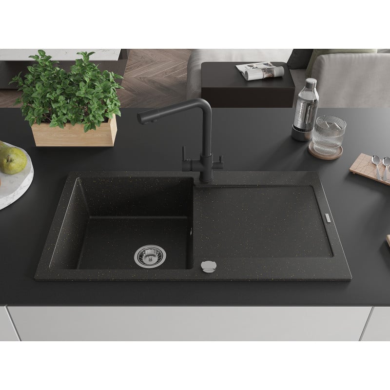 Mexen Leo granite kitchen sink 1-bowl with drainer and kitchen faucet Duero, black/gold metallic - 6501-75-671600-70