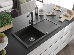 Mexen Leo granite kitchen sink 1-bowl with drainer and kitchen faucet Duero, black/gold metallic - 6501-75-671600-70