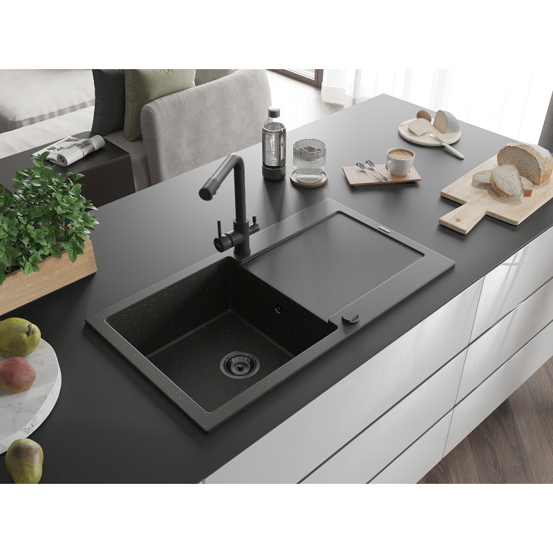 Mexen Leo granite kitchen sink 1-bowl with drainboard and kitchen faucet Duero, black/gold metallic - 6501-75-671600-70-B