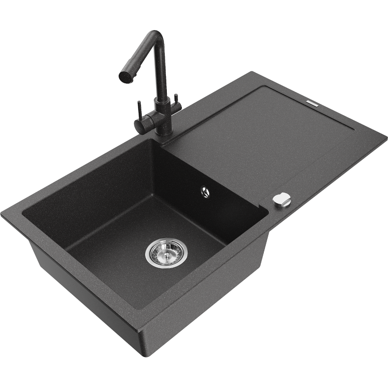 Mexen Leo 1-bowl granite sink with drainer and Duero kitchen faucet, speckled black - 6501-76-671600-76