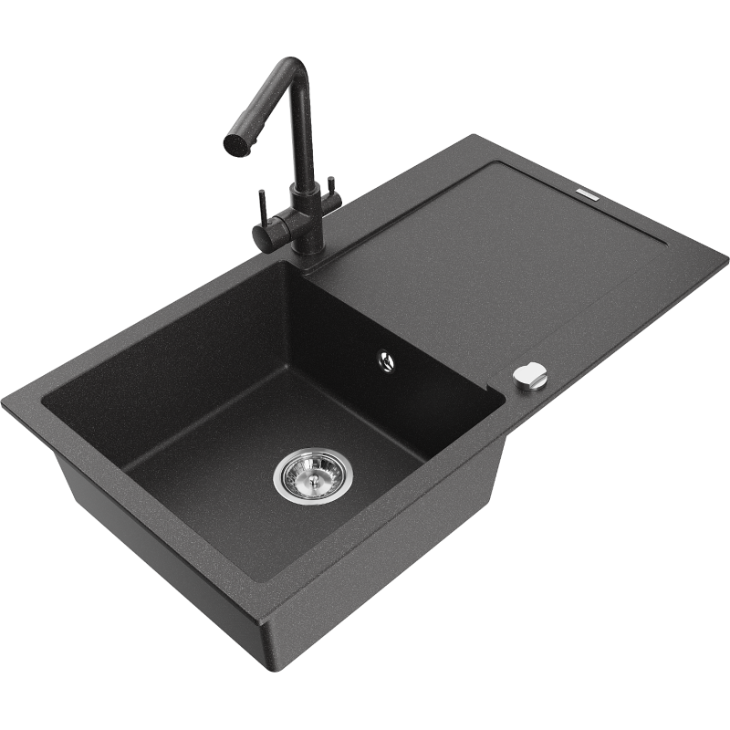 Mexen Leo 1-bowl granite sink with drainer and Duero kitchen tap, black speckled - 6501-76-671600-76