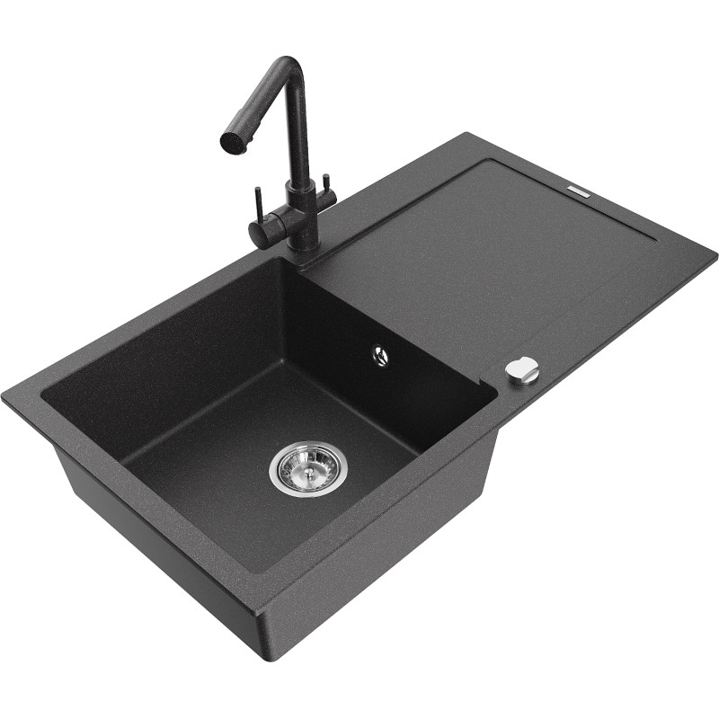Mexen Leo granite kitchen sink 1-bowl with drainer and Duero kitchen faucet, speckled black - 6501-76-671600-76
