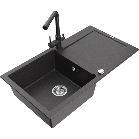 Mexen Leo 1-bowl granite sink with drainer and Duero kitchen faucet, speckled black - 6501-76-671600-76