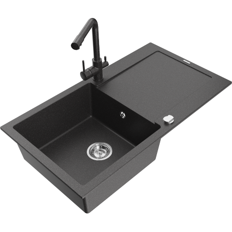 Mexen Leo 1-bowl granite sink with drainer and Duero kitchen tap, black speckled - 6501-76-671600-76