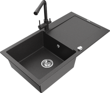Mexen Leo 1-bowl granite sink with drainer and Duero kitchen tap, black speckled - 6501-76-671600-76