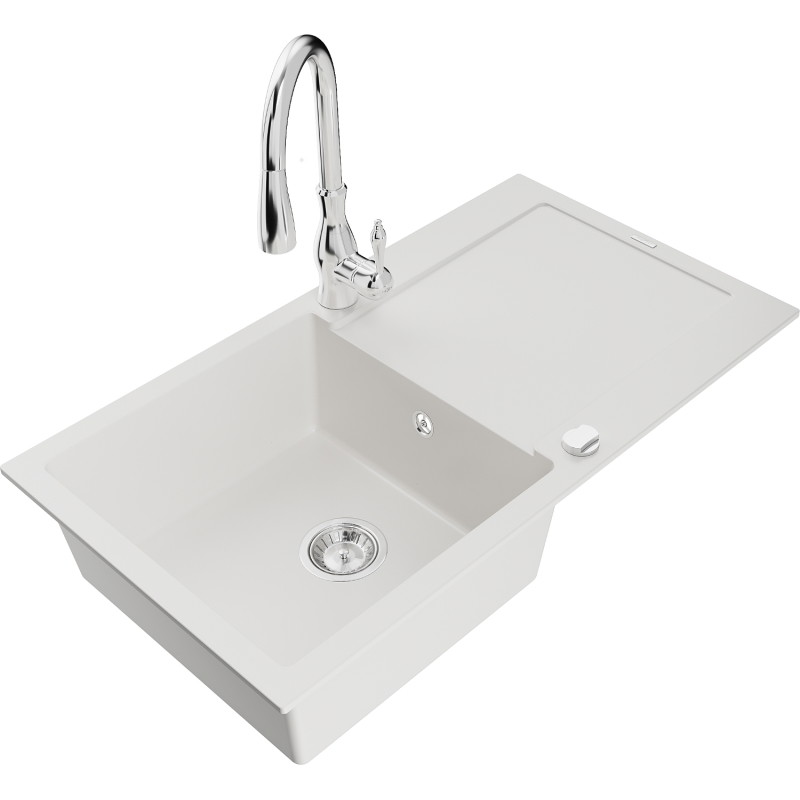 Mexen Leo granite kitchen sink 1-bowl with drainer and Savita kitchen faucet, white - 6501-20-672601-00