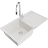 Mexen Leo granite kitchen sink 1-bowl with drainer and Savita kitchen faucet, white - 6501-20-672601-00