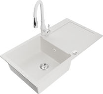 Mexen Leo 1-bowl granite sink with drainer and Savita kitchen faucet, white - 6501-20-672601-20