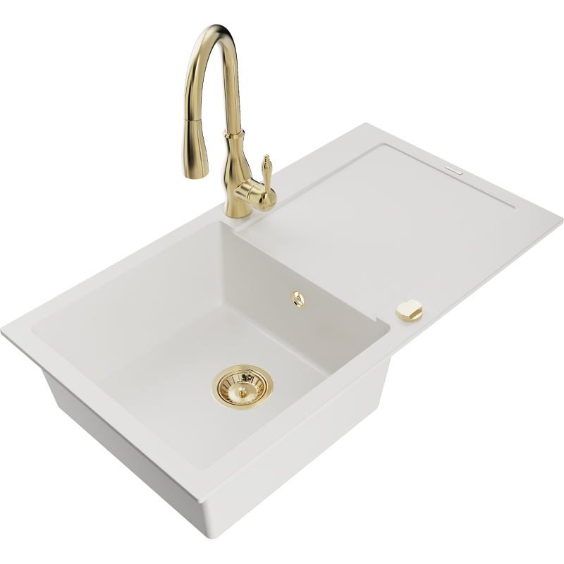 Mexen Leo 1-compartment granite sink with a drip tray and kitchen mixer tap Savita, White - 6501-20-672601-50